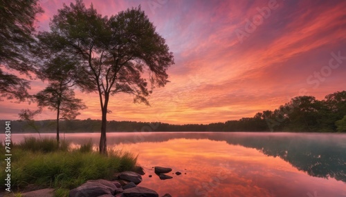 sunrise, sunset, landscape, tranquility, horizon, calming, lake, reflection, sky, water, silhouette, dawn, dusk, colors, hues, pink, orange, purple © Yaraslava
