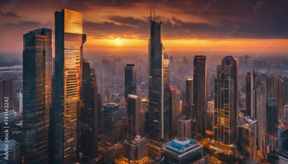 skyscrapers, horizontal, cityscape, skyscraper, sunset, Golden Sunrise Streaming Through The Silhouettes Urban