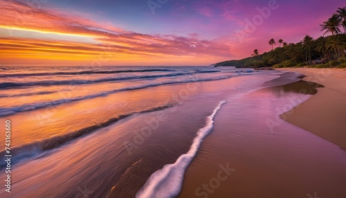 sunset, beach, waves, secluded, ocean, tranquil, calm, water, sand, horizon, sky, evening, purple, outdoor, nature, wave, landscape, sea, dusk, dawn, travel, summer, reflection