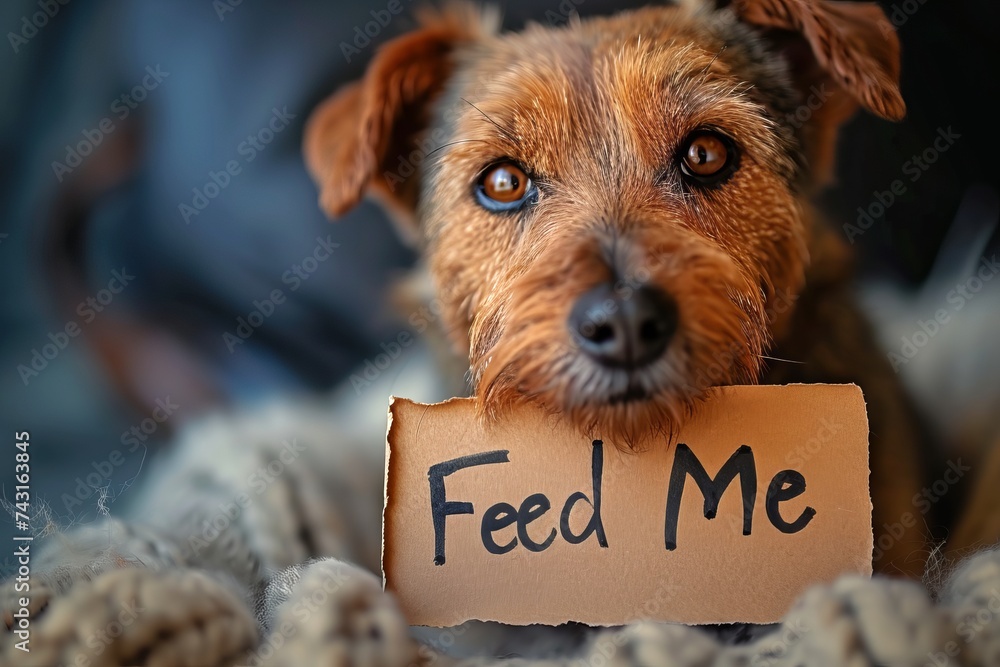Cute hungry dog with large, pleading eyes holding a Cute hungry dog with large, pleading eyes holding a