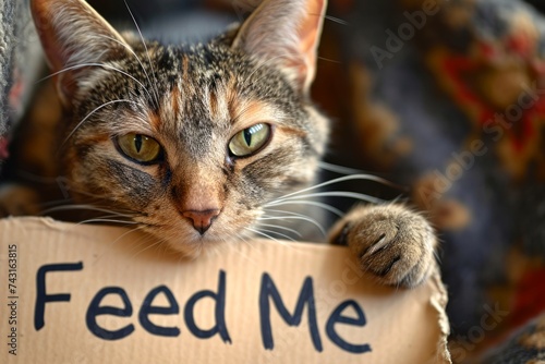Cute hungry cat with large, pleading eyes holding a "Feed Me" cardboard sign. Concept of pet care, animal feeding, funny cats, and humorous pet expressions.