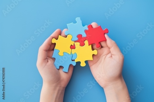 World Autism Awareness Day or month concept. Creative design for April 2. Blue, red, yellow jigsaw puzzles, symbol of awareness for autism spectrum disorder on blue table, copy space. Generative ai