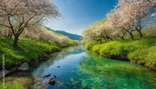 river, spring, blossom, greenery, tranquil, wildlife, image, sunlight, foliage, nature, water, reflection, sky, clear, horizontal, calm, tree, lush, leaves, illustration, green, grass
