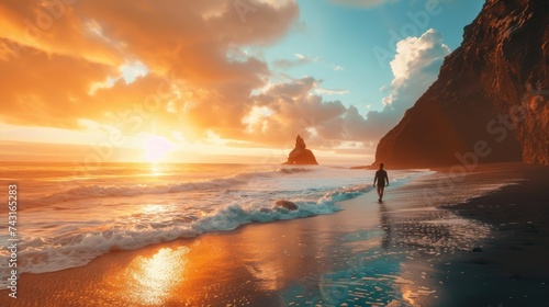 Silhouette of person looking out to sea against a dramatic sunset