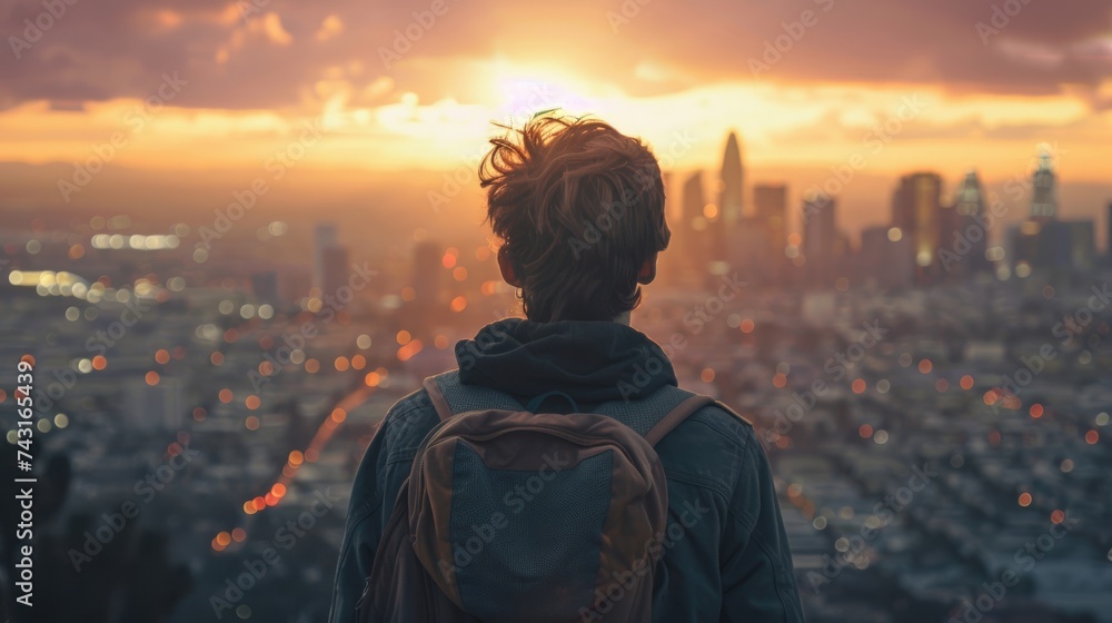 Young man standing on top of building and view of sunrise Young man standing on top of building and view of sunrise