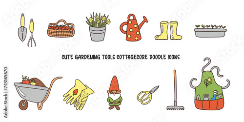Cute gardening tools doodle icons. Hand drawn garden equipment items countryside sustainable living vector illustration. Line art icon set spring summer clipart. Rural spring garden work and hobby.