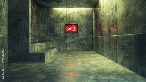 Photorealistic Urban Scene of an Empty Room with a ‘Sale’ Sign, Rendered in Light Silver and Red Tones photo