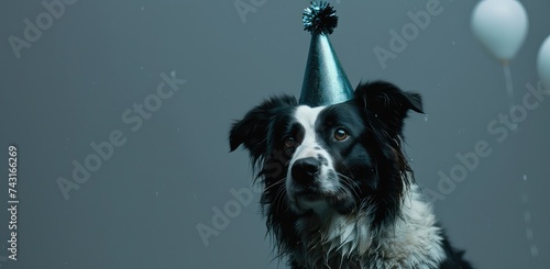 Border Collie Wearing Birthday Party Hat in Minimal Retouching Style photo