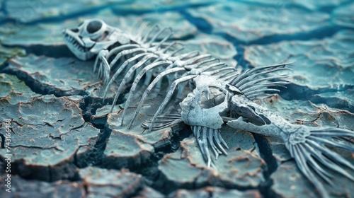 Climate change and global warming concept depicted with a fish bone on cracked earth  representing impact on aquatic life  alongside fish swimming in the ocean  illustrating the environmental contrast