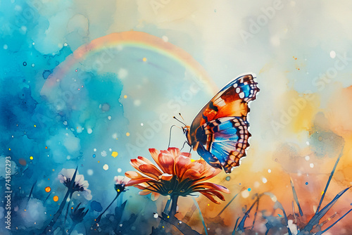 A wondrous watercolor illustration of a butterfly perched on a flower, with a rainbow in the background © mila103