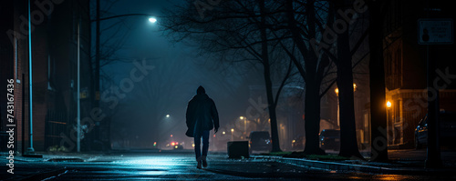 A solitary figure walks on a rain-slicked street at night, enveloped in fog and urban glow. Streetlights cast a hazy illumination, evoking a film noir vibe.