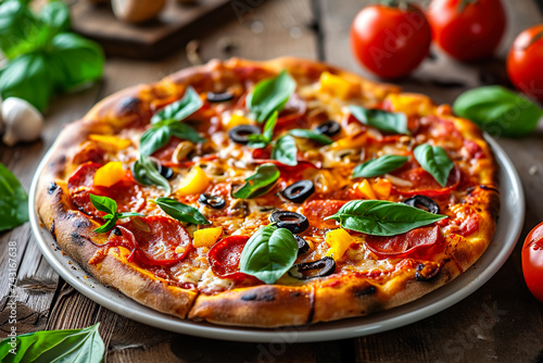 A plate of pizza with a variety of toppings. The pizza is garnished with fresh basil leaves