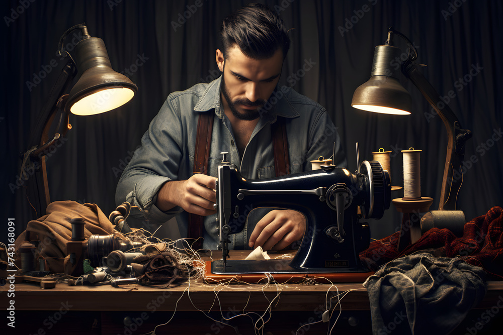 Man sewing with a old sewing machine, making clothes, sewing clothes, working with fabric - obrazy, fototapety, plakaty 