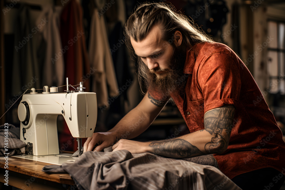 Man sewing with a old sewing machine, making clothes, sewing clothes, working with fabric - obrazy, fototapety, plakaty 