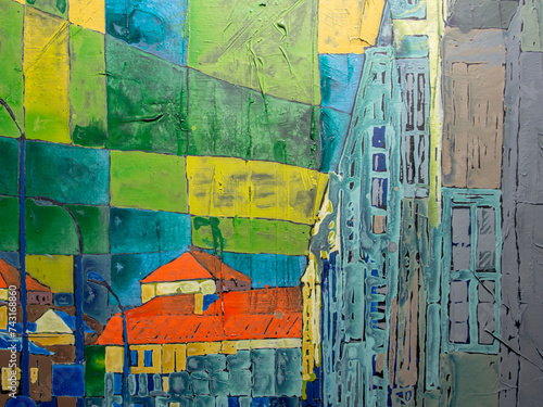 Geometric painting yellow, red, blue, grey, green, violet colors. Kyiv, Ukraine. Abstract View on the city. Ukrainian architecture, acrylic on canvas painting created by artist. 