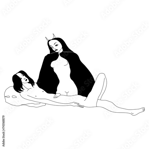Two lovers. Beautiful woman and sleeping young man. Goddess Selene and Endymion. Black and white silhouette. Hand draw art. Ancient Greek mythology. Female archetype.