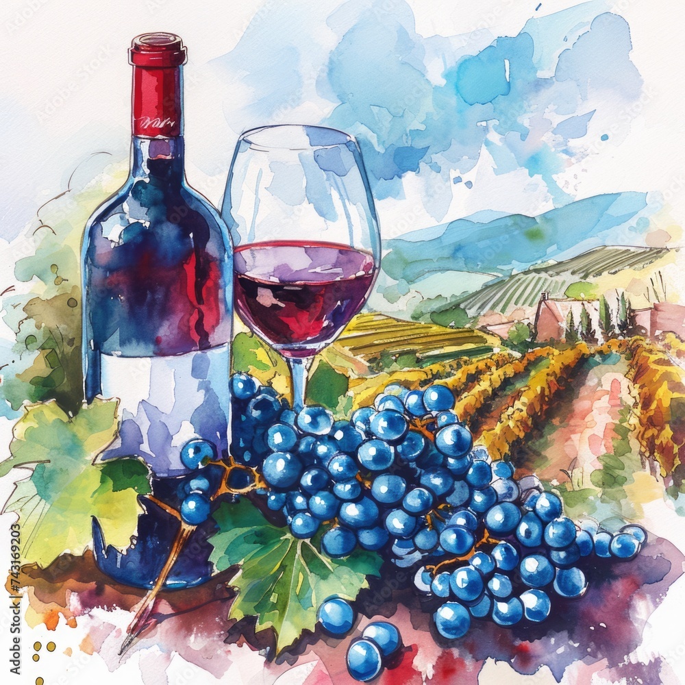 Vineyard Vista: Watercolor Illustration of Blue Grapes, Wine Bottle, and Glass against a Wine Country Landscape