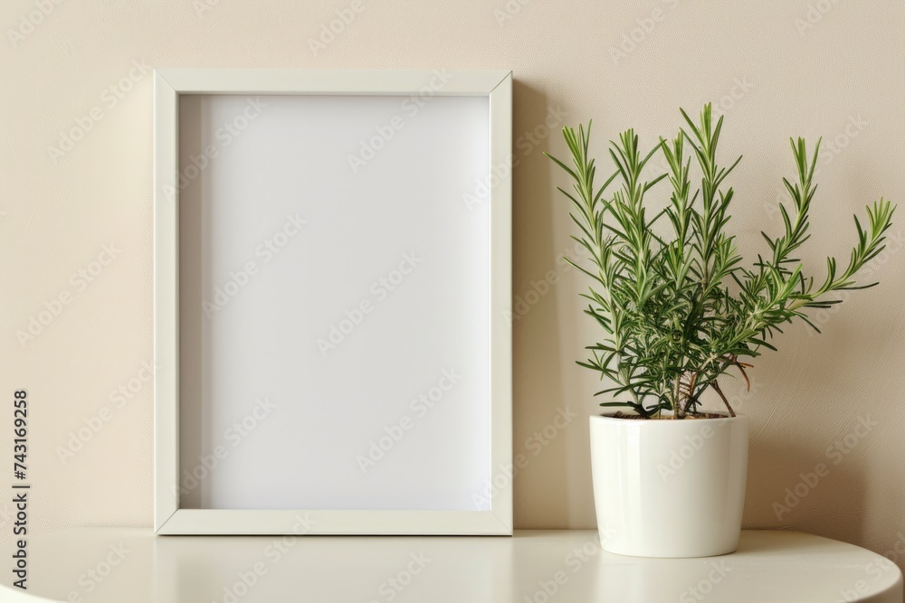 Simplicity in Bloom: Blank Frame and Rosemary Sprigs Adorning White Vase on Round Table against Calm Beige Wall Simplicity in Bloom: Blank Frame and Rosemary Sprigs Adorning White Vase on Round Table against Calm Beige Wall