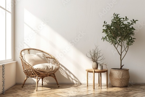 Neutral Tones Boho Room Mockup with Rattan Chair and Beige Accents