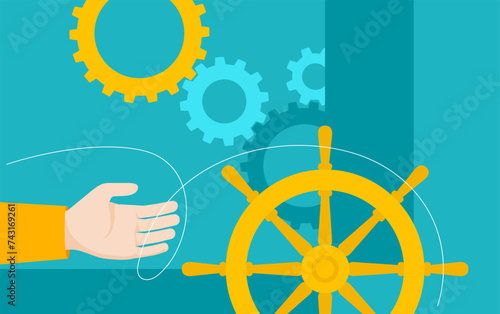 A hand grips the steering wheel with electric blue gears in the background