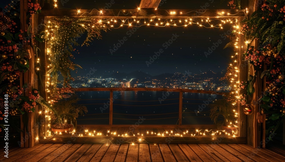 a wooden frame decorated with lights at night over the city Generative AI
