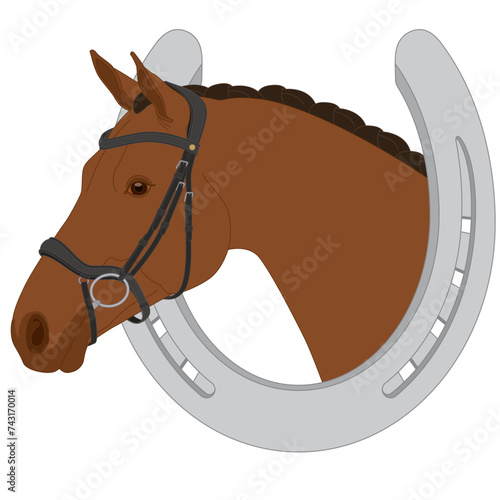 equestrian, brown horse framed by a silver horseshoe isolated on a white background