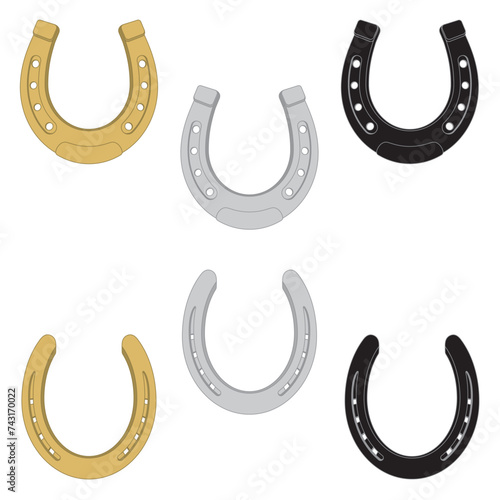 equestrian, horseshoes in two styles and in three different colours isolated on white background