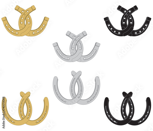 equestrian, pairs of horseshoes in two styles and in three different colours, intertwined and isolated on a white background photo