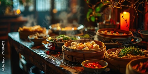 a table topped with bowls of food and a candle