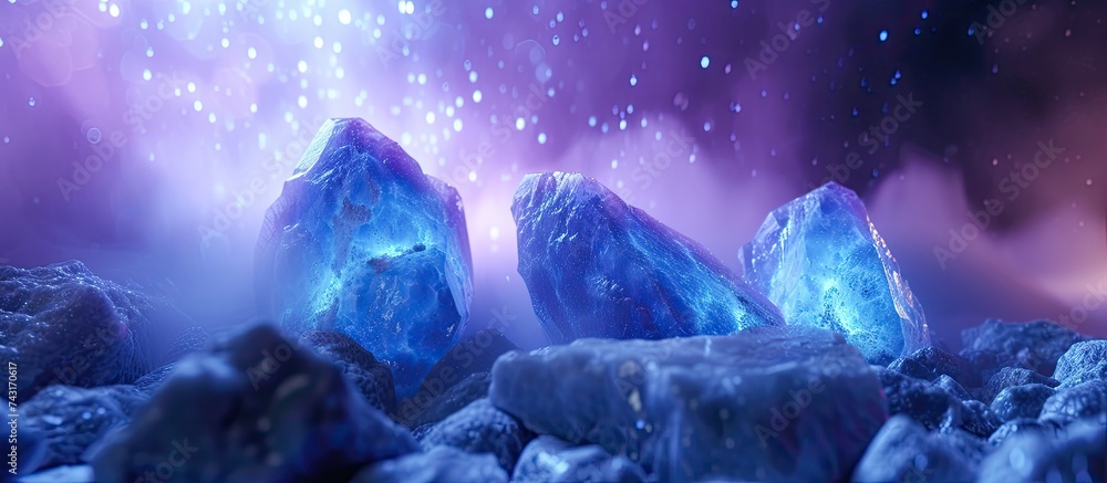 Obraz premium A group of blue rocks sit atop a mound of snow, contrasting against the white background. The rocks appear smooth and weathered, adding a pop of color to the wintry scene.