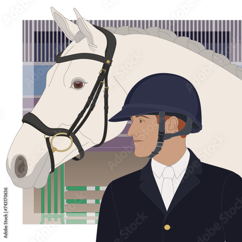 equestrian show jumping, horse and male rider wearing a helmet with arena in the background