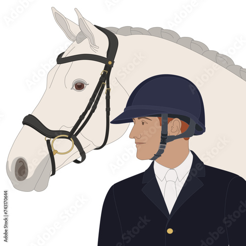 equestrian show jumping, horse and male rider wearing a helmet isolated on a white background