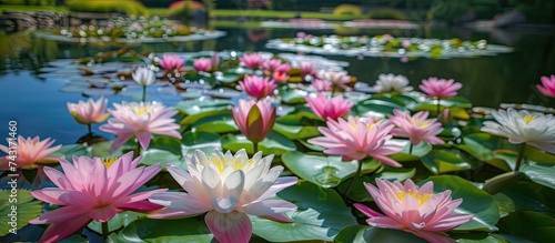 A pond filled with numerous pink water lilies, showcasing their stunning pink and white blossoms floating on the waters surface.