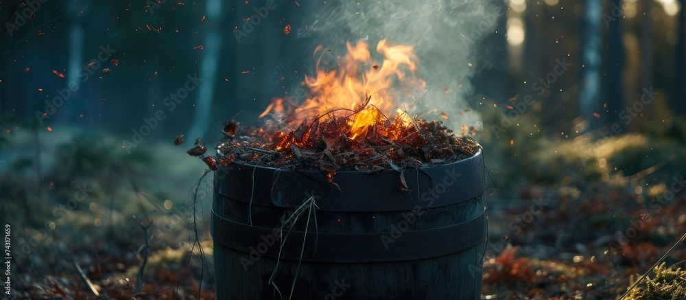 A barrel filled with burning plant debris stands ablaze in the middle of a dense forest during spring in Sweden. The fire emits flames and smoke, surrounded by trees and underbrush.