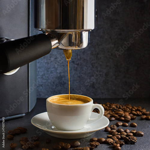 Kaffee läuft aus einer Kaffeemaschine in eine Tasse. Daneben liegen Kaffeebohnen verstreut. photo