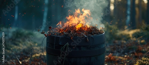 A barrel filled with burning plant debris stands ablaze in the middle of a dense forest during spring in Sweden. The fire emits flames and smoke, surrounded by trees and underbrush.