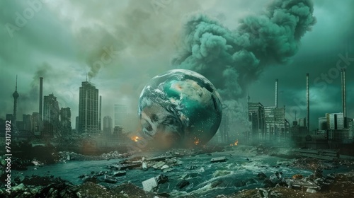 Concept of a global catastrophe: the Earth devastated by pollution, with the greenhouse effect and global warming wreaking havoc on our planet photo
