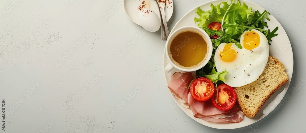 A plate showcasing a balanced breakfast with fresh ingredients such as eggs, ham, tomatoes, and lettuce. The meal also includes crisp bread, soft cheese, green salad, and a cup of coffee for a