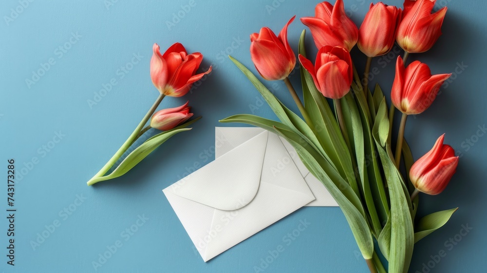 Fototapeta premium letter with beautiful tulips, on a unicolor background generative ai
