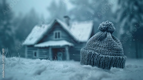 Conceptual depiction of a house in winter, showcasing both the heating system concept and the cold, snowy weather. Model of the house is adorned with a knitted cap, adding a cozy touch to the scene photo