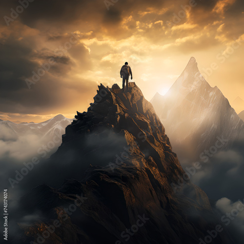 Man standing on top of mountain landscape in golden time. Travel on hill, hiking person. Goals and achievements concept. Photograph ai