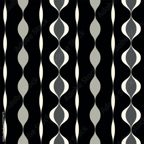Retro geometric 70s cream and black vertical waves mid century seamless pattern