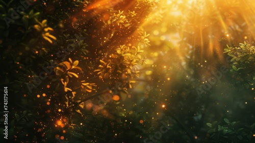 Sunlight bursts through Trees with Leaves in Bokeh effet creating a Light Nature scene full of Warmth and Glow