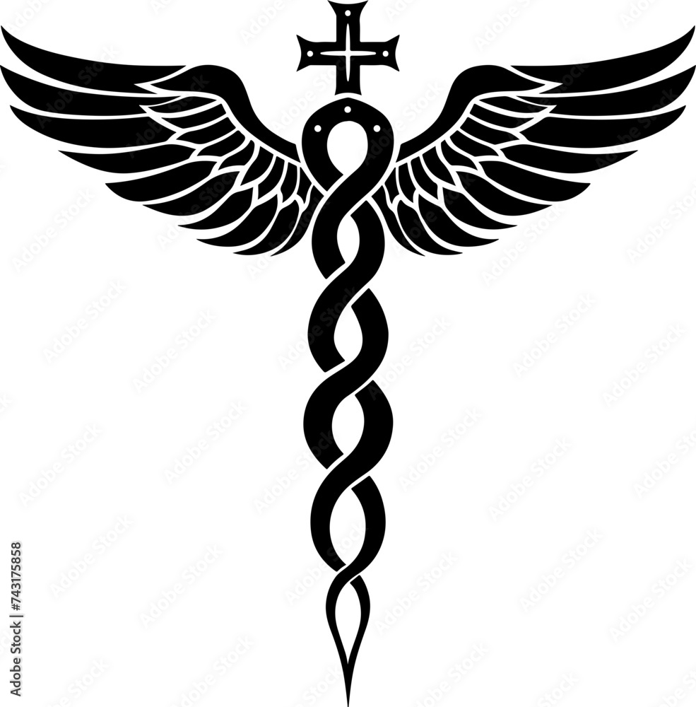 Caduceus Symbol with Twin Serpents and Wings in Bold Black Vector ...