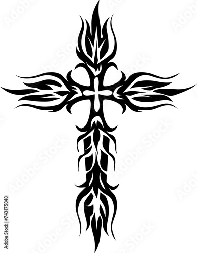 Bold Black Tribal Cross Design with Intricate Flames for Tattoos and Artwork
