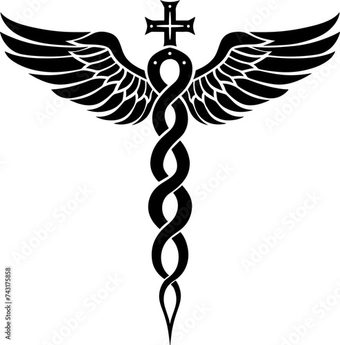 Caduceus Symbol with Twin Serpents and Wings in Bold Black Vector Design