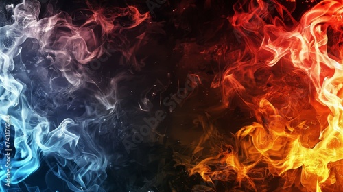Abstract smoky textures form a colorful background with red, blue, and orange gradients against black