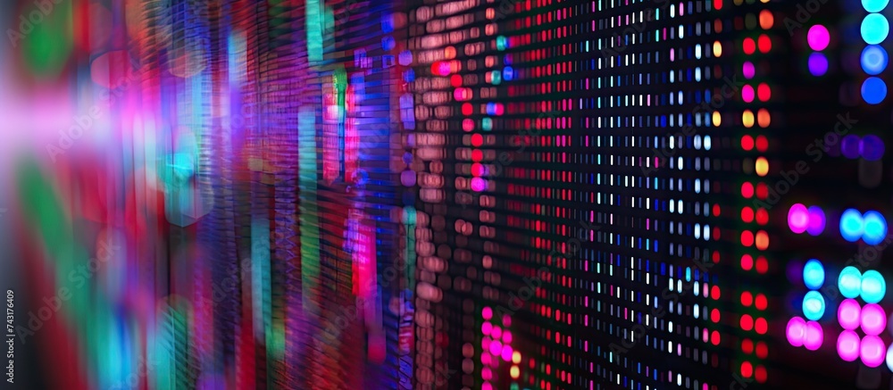 A wall covered with numerous colorful lights, creating a vibrant and eye-catching display. The lights form patterns and designs, illuminating the space with an array of colors. A wall covered with numerous colorful lights, creating a vibrant and eye-catching display. The lights form patterns and designs, illuminating the space with an array of colors.