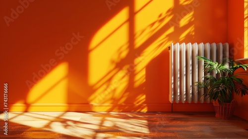 3D rendering of a sunlit room featuring a radiator mounted on an orange wall