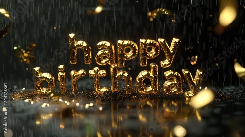 Golden "Happy Birthday" text with sparkles and rain effect against a dark background.